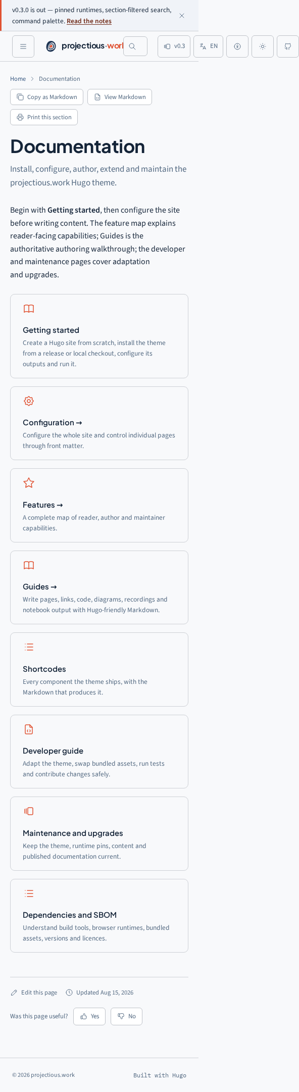 The same documentation on a narrow viewport Documentation page on mobile